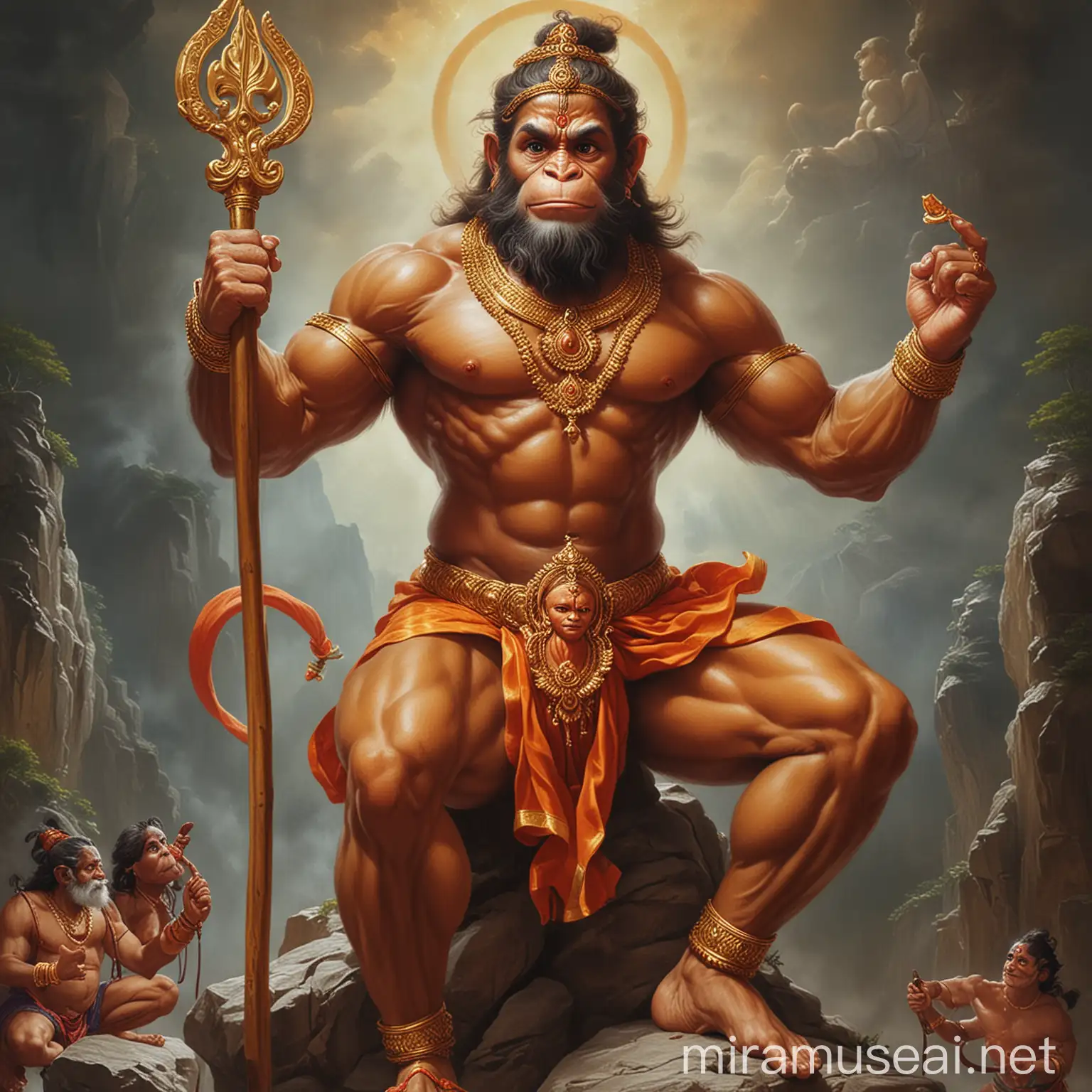 Create a Hollywood movie style poster. main title: "'Me Hu bajrangi Balwan " A picture of God hanuman should be seen inside