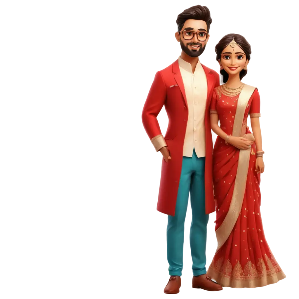 Indian wedding couple in cartoon AI. Wearing red saree and groom with beard and spectacles