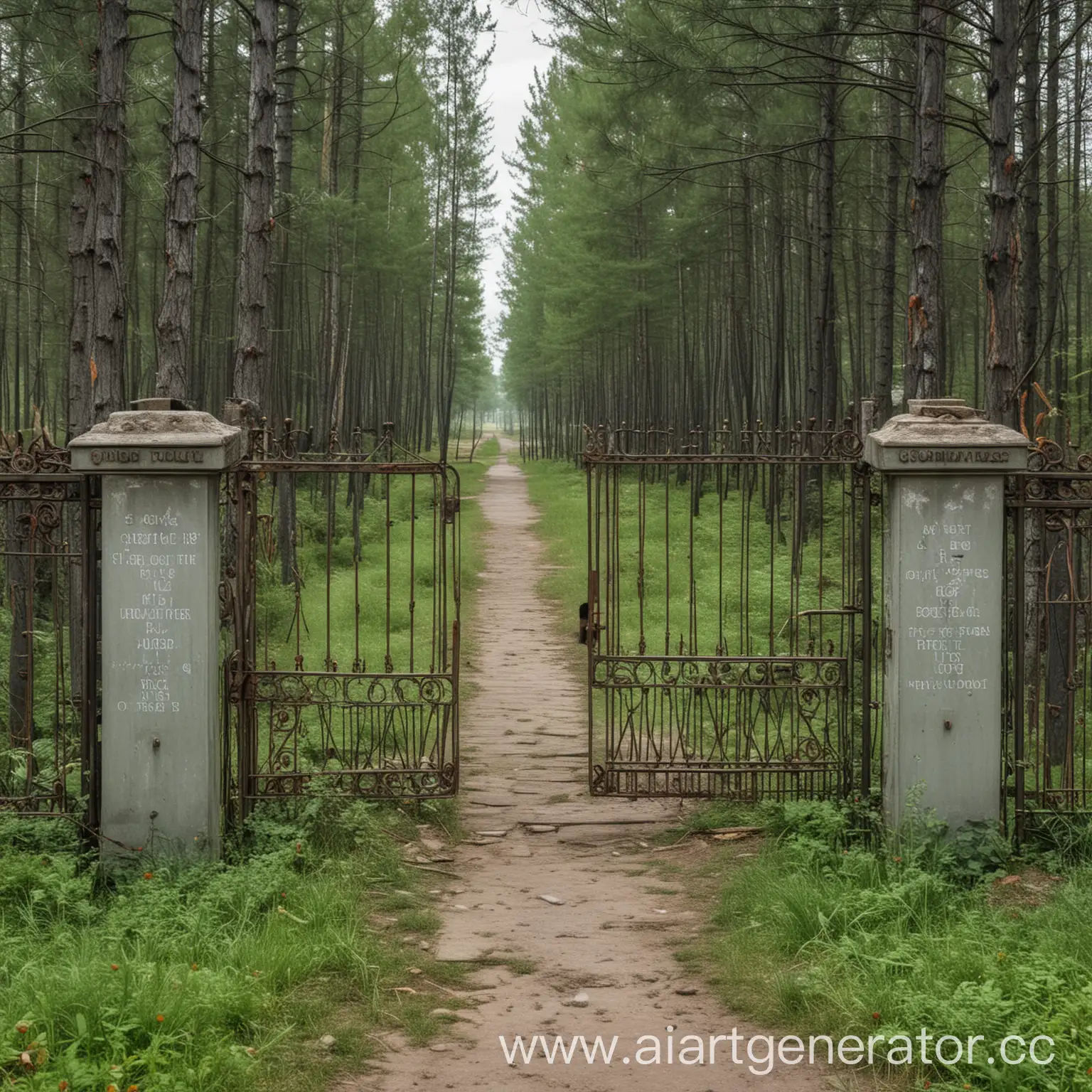 Soviet-Forest-Headquarters-Rustic-Iron-Gates-in-Overgrown-Pine-Forest