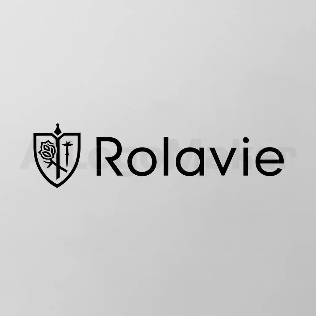 a logo design,with the text "ROLAVIE", main symbol:elegant antique knight's shield with a rose on the left side and a sword on the right side,Minimalistic,clear background