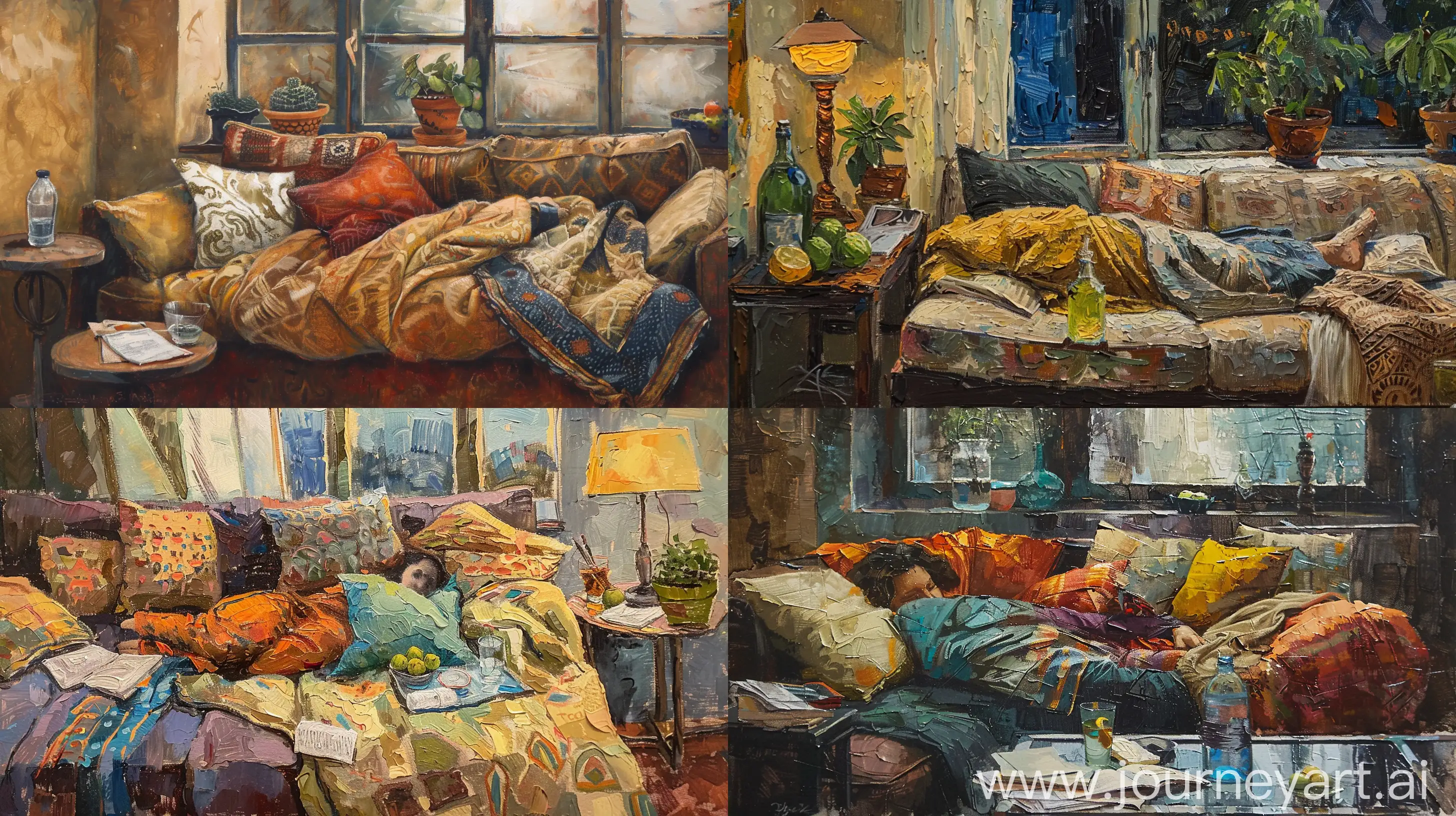 textured oil painting of an indoor scene, a person lying on the couch, The scene should include a cozy room with various pillows and a blanket on the couch, a window showing an outdoor view, a side table with a glass of water, a bottle, and papers or a book. Add a bowl of green fruit and a potted plant for a natural touch, Use an warm earthy color palette and paint a textured painting style, scene is in nighttime --ar 16:9

