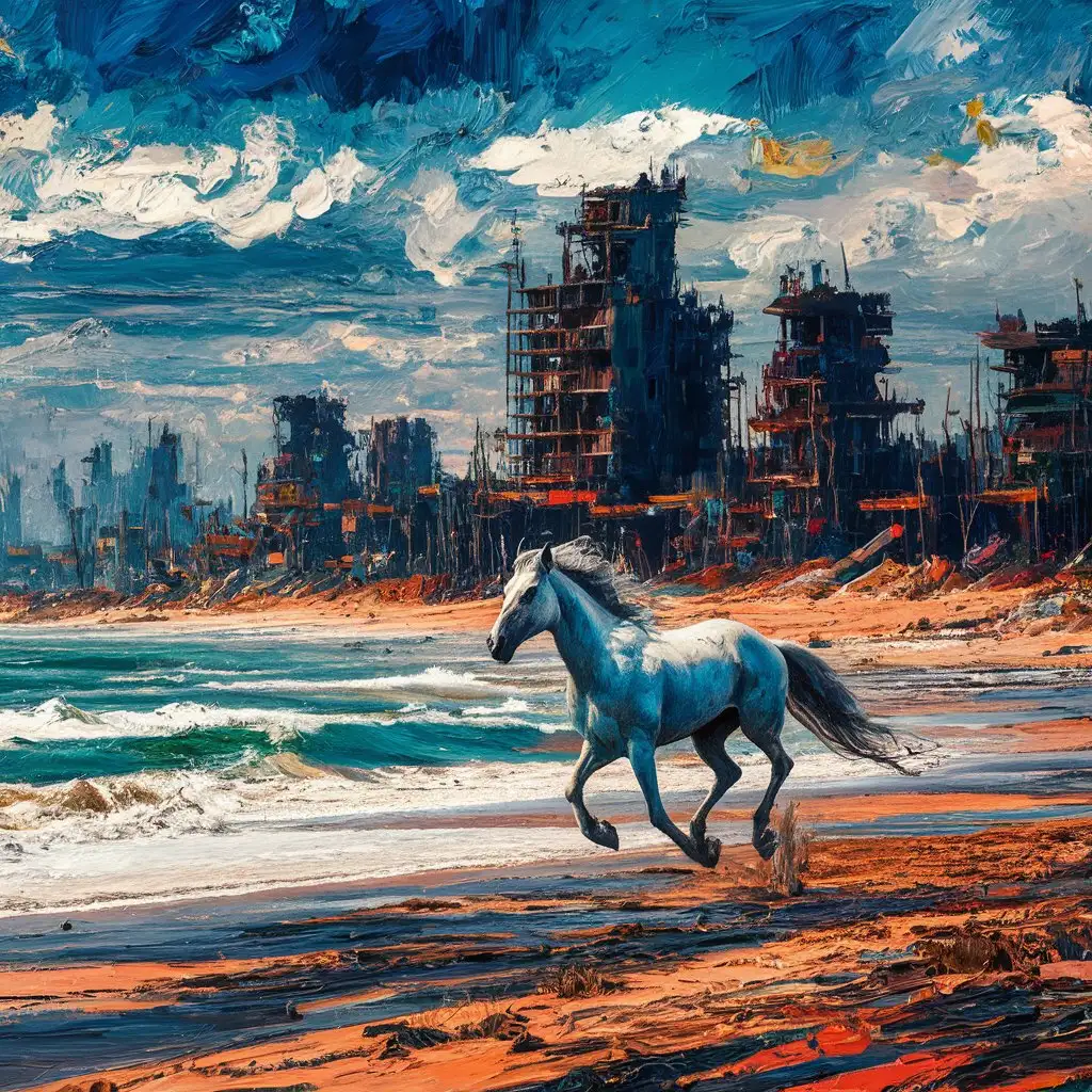 Impressionist PostApocalyptic Beach Town Landscape with White Horse Silhouette