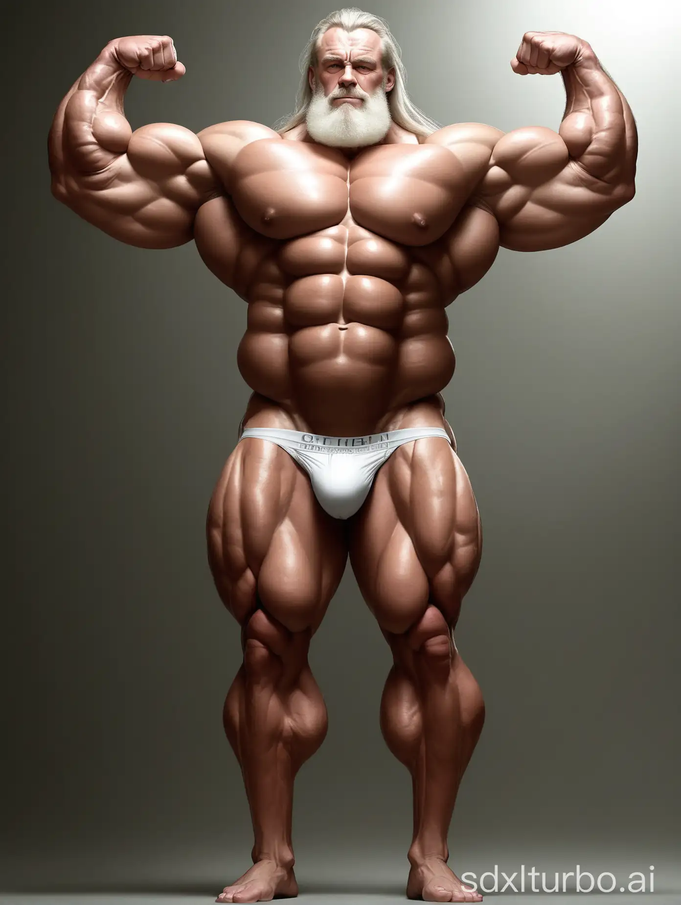 White skin and massive muscle stud，Huge and giant and Strong body，Very strong legs， 2m tall，very Big Chest，very Big biceps，very 8-pack abs，Very Massive muscle Body，Wearing underwear，he is giant tall，very fat，very fat，Full Body，very long strong legs， raise his arms to show his huge biceps ，raise his arms to show his huge biceps，very old man，very handsome men，long hair，