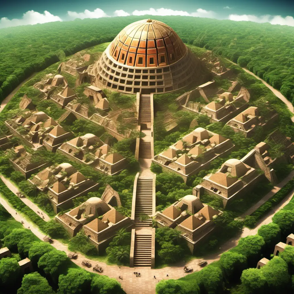 Ville avec un dôme au centre. Les maisons sont en forme de dôme ou pyramide. C'est un type précolombien. Il y a beaucoup de végétation. 