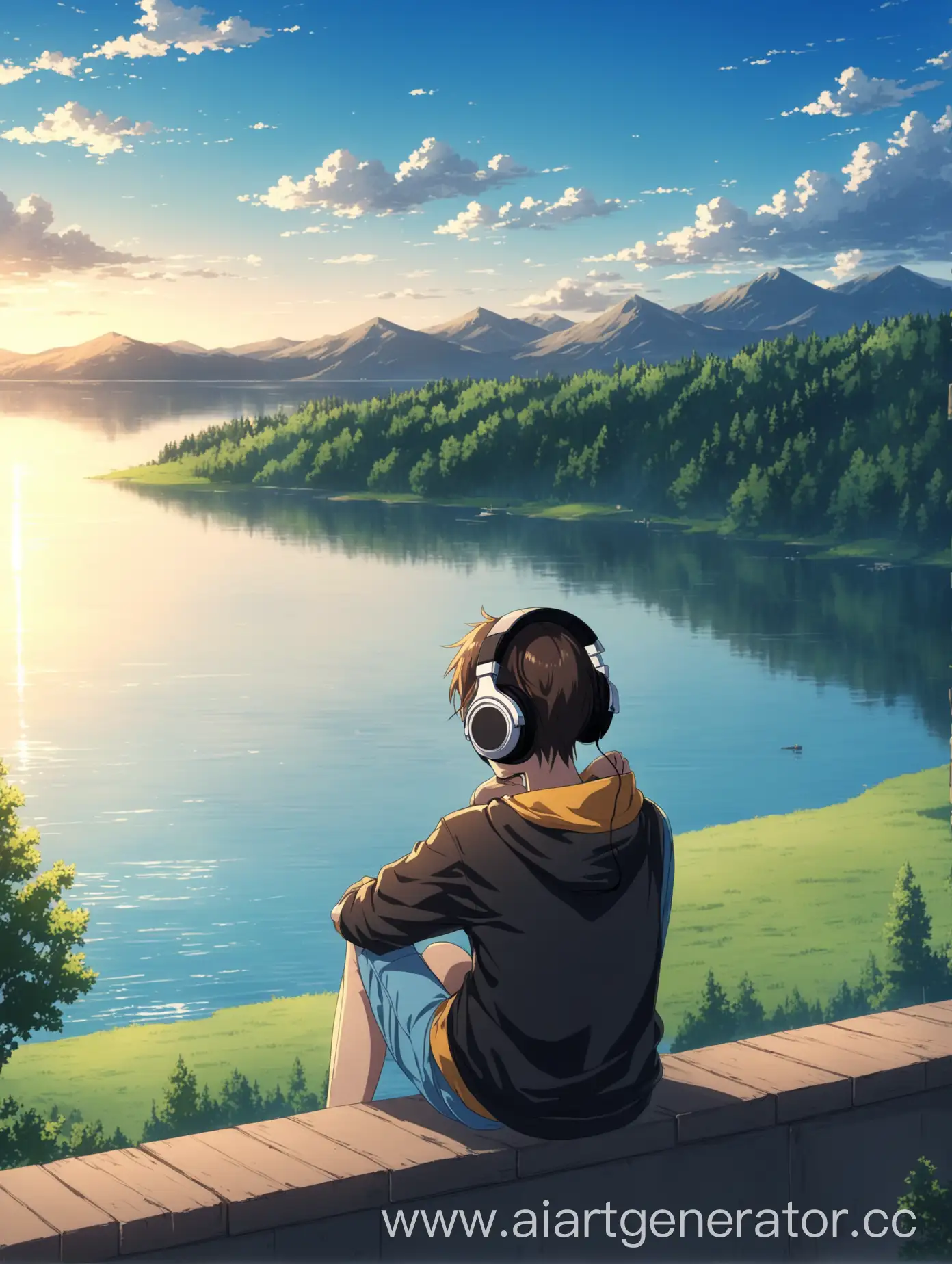 аниме персонаж, одиноко слушает музыку в наушниках и наслаждается видом на озеро
