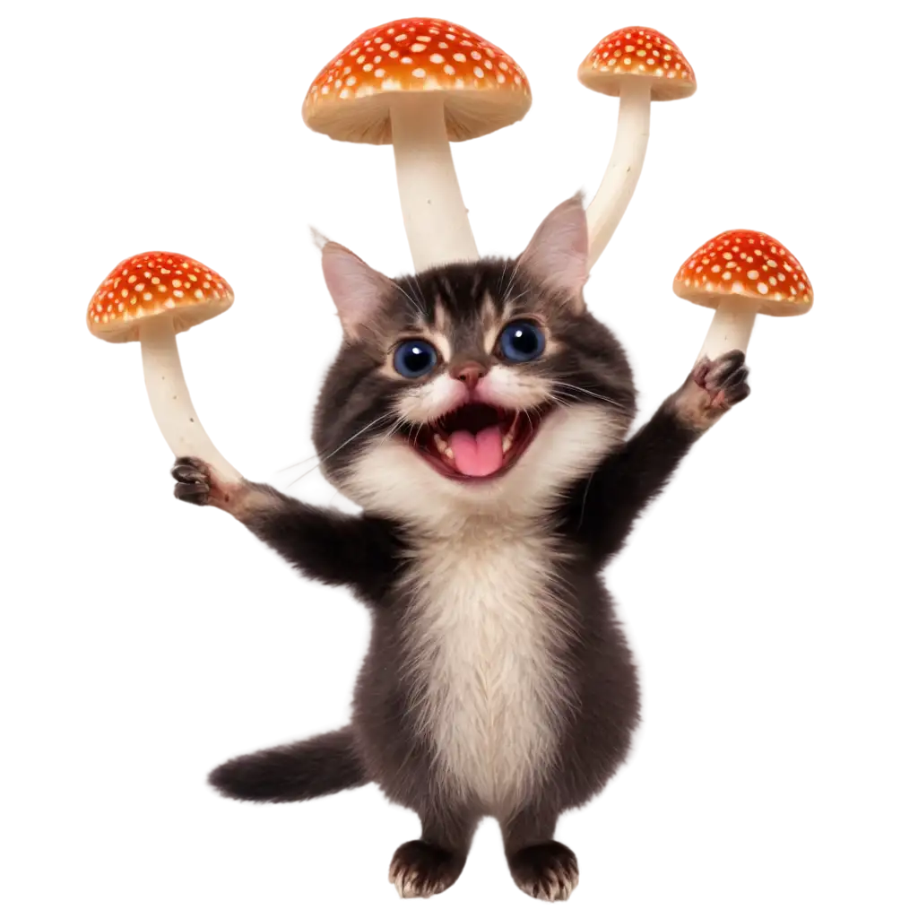 un gato con las pupilas dilatadas, sonriendo y parado sobre hongos psilocybe cubensis y amanita muscaria
