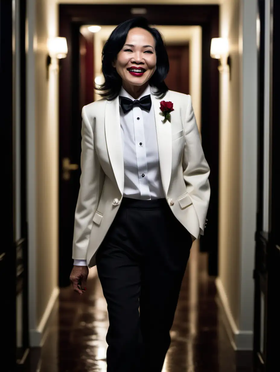 It is night. A smiling and laughing 50 year old Vietnamese woman with shoulder length hair and lipstick is walking down a dark hallway in a mansion.  She is facing forward. She is wearing an ivory tuxedo. (Her pants are black. Her shirt is white. Her bowtie is black. Her shirt buttons are black and shiny. Her cufflinks are black.). She is relaxed. Her jacket is open.