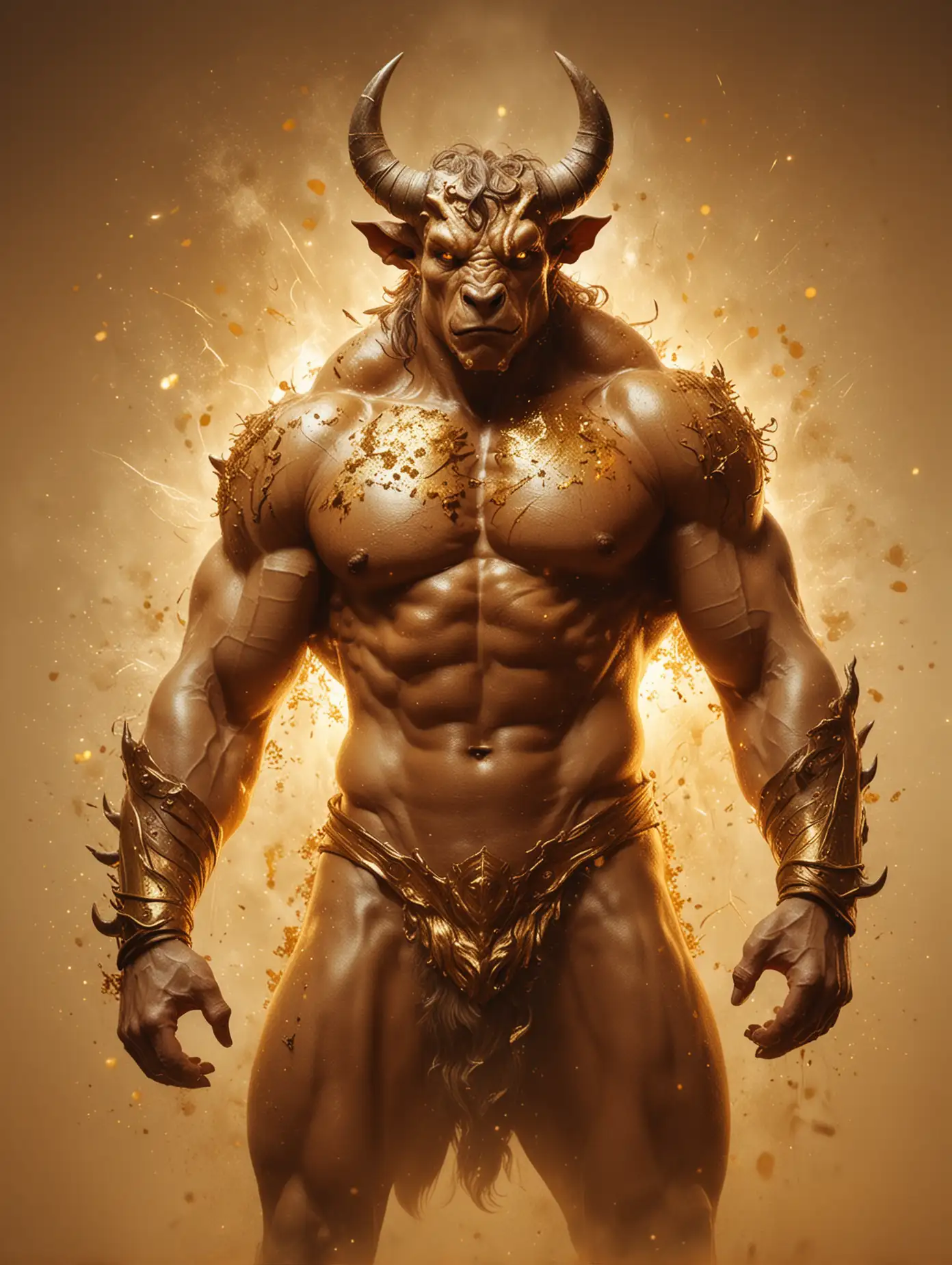 Realistic illustration of a handsome minotaur. He is muscular, gold fog, gold sparks, double exposure 