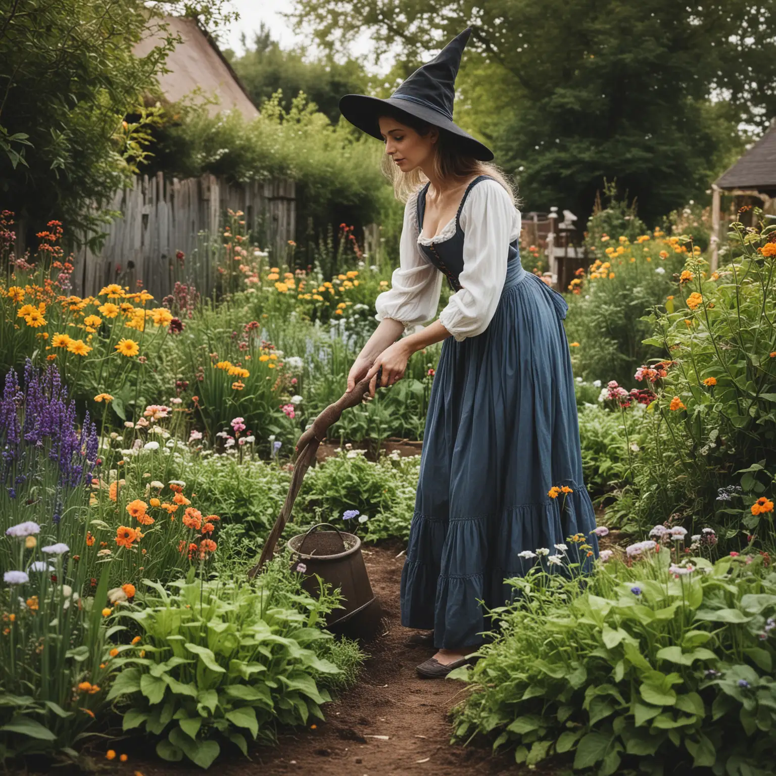 A witch in a summer dress tending her garden