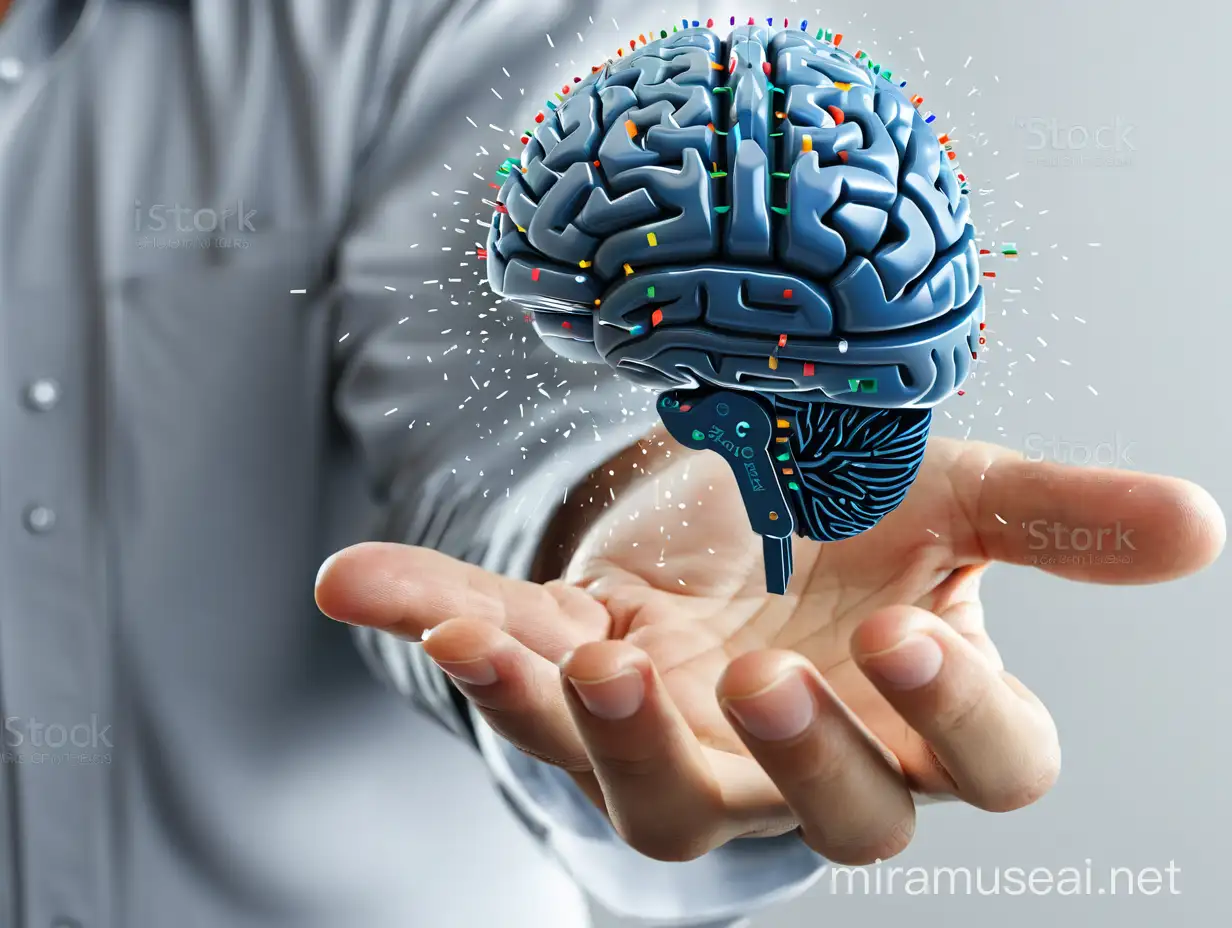 Human Hand Holding 3D Segmented Brain Neurology and Innovation Concept