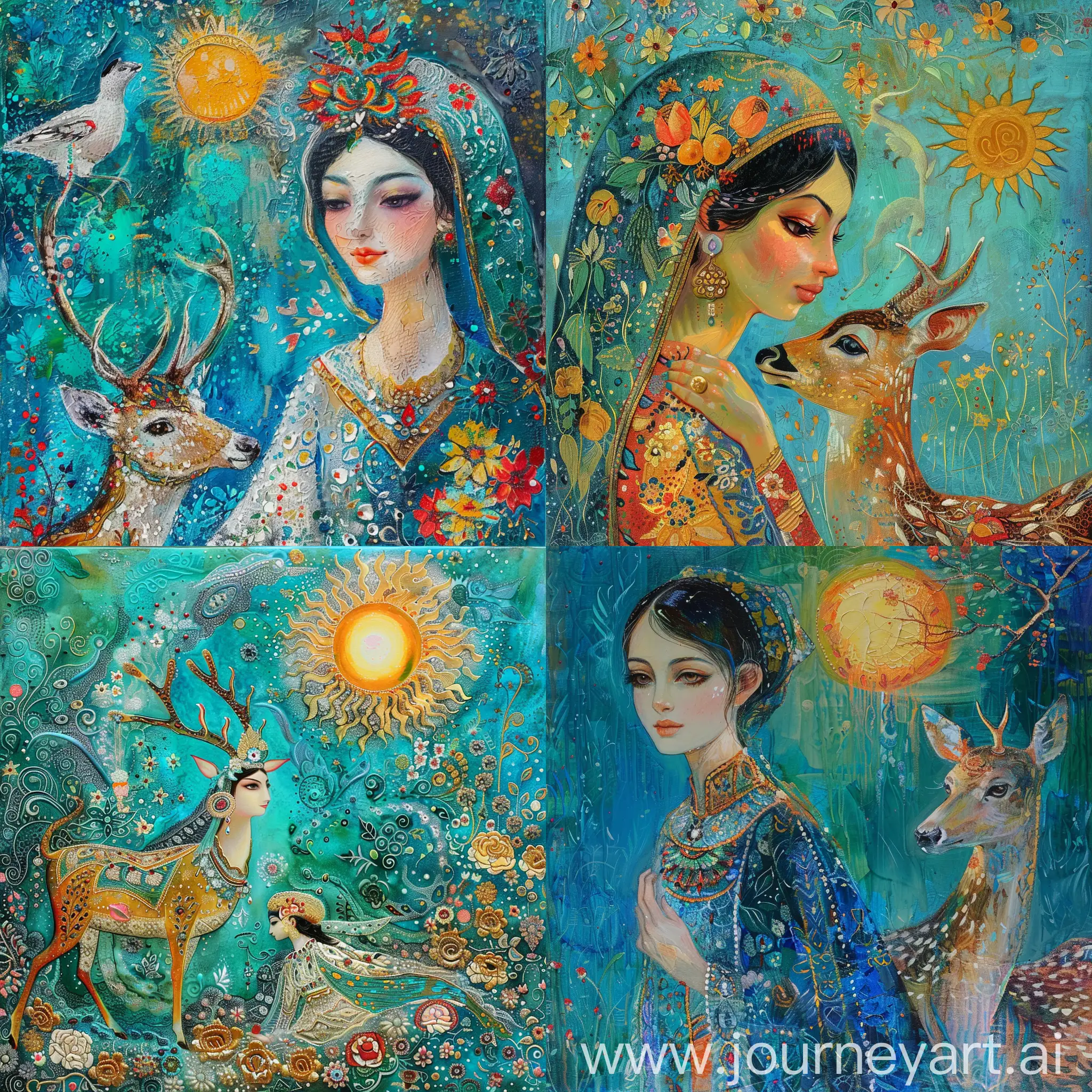 iranian traditional painting
a deer
a beautiful girl
sun
torquise blue