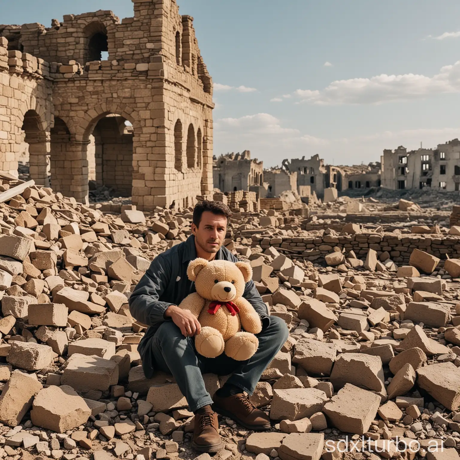 a man is sitting on the ruins of a building, a teddy bear is next to him