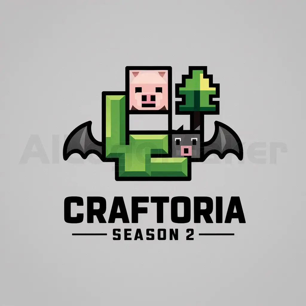 a logo design,with the text "Craftoria Season 2", main symbol:Minecraft, grass block, pig, tree, bat,Minimalistic,be used in Minecraft industry,clear background
