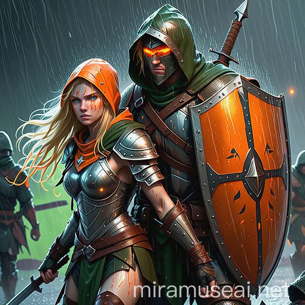 Please make an image of this scene: A heavily armored warrior stands in the storming rain with glowing orange runes and outline on his armor. He wears a hooded helmet and carries a large shield and sword, both with a glowing orange outline. He protects his companion, a seasoned female ranger who is in front of him wearing a green hood with long flowing blonde hair, she is wounded and holding on to the warrior. The Warriors armor is damaged and worn. The ranger is wounded. The two of them are wounded and making a valiant last stand. The warrior covers the ranger in his arms as he protects her with his shield and body. The setting is a battlefield at night in the pouring rain, their armor and cloak are soaked. The ranger looks at the warrior as he defends her.
