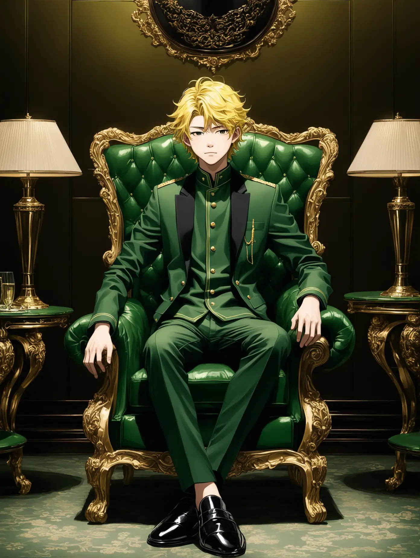 image of a 16 year old Japanese man with wavy yellow hair, wearing a dark green uniform, trousers and a dark green jacket, wearing black shoes, sitting in a luxurious green chair, in a luxurious room dominated by dark green