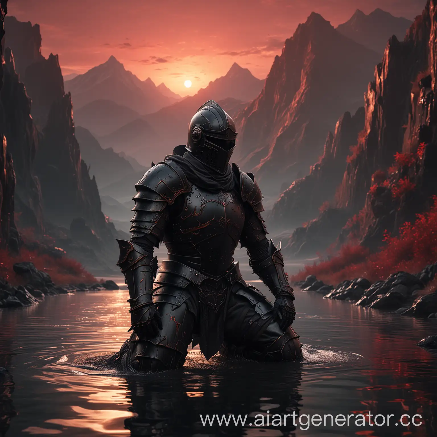 Knight-in-Matte-Black-Armor-Kneeling-at-Crimson-Sunset