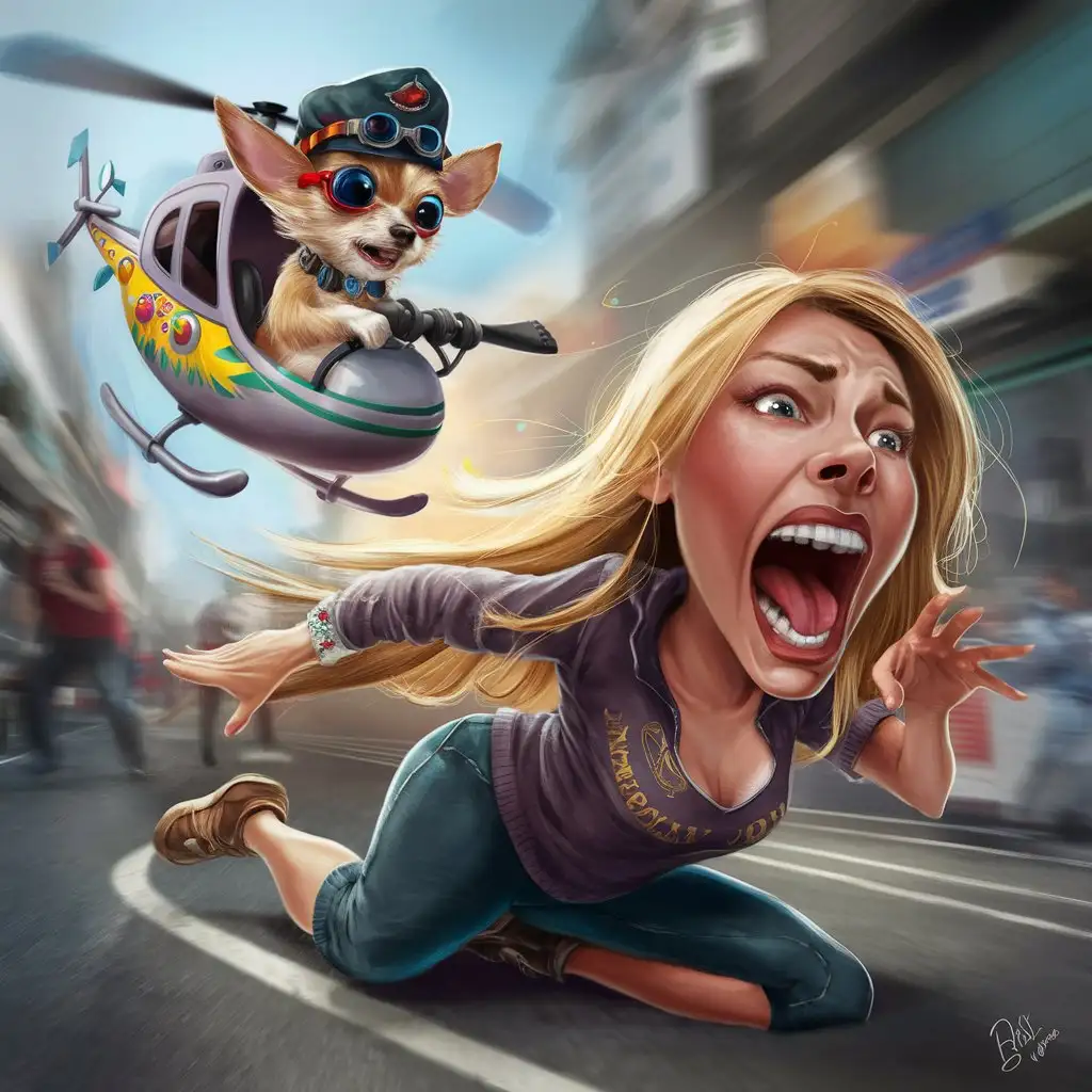Blonde Woman Screaming as Chihuahua Flies Helicopter