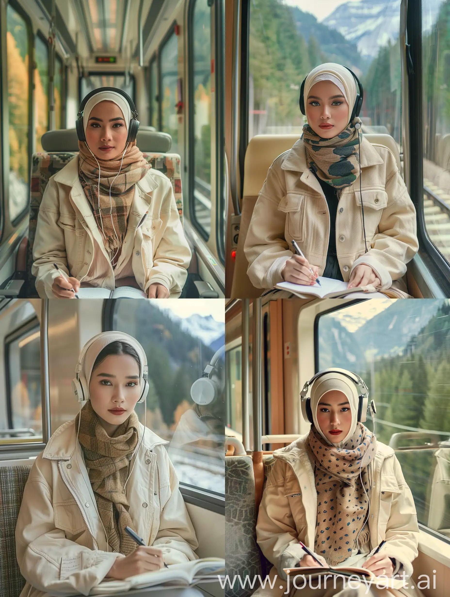 Thai-Woman-in-Cream-Trucker-Jacket-and-Hijab-Writing-Journal-on-Train