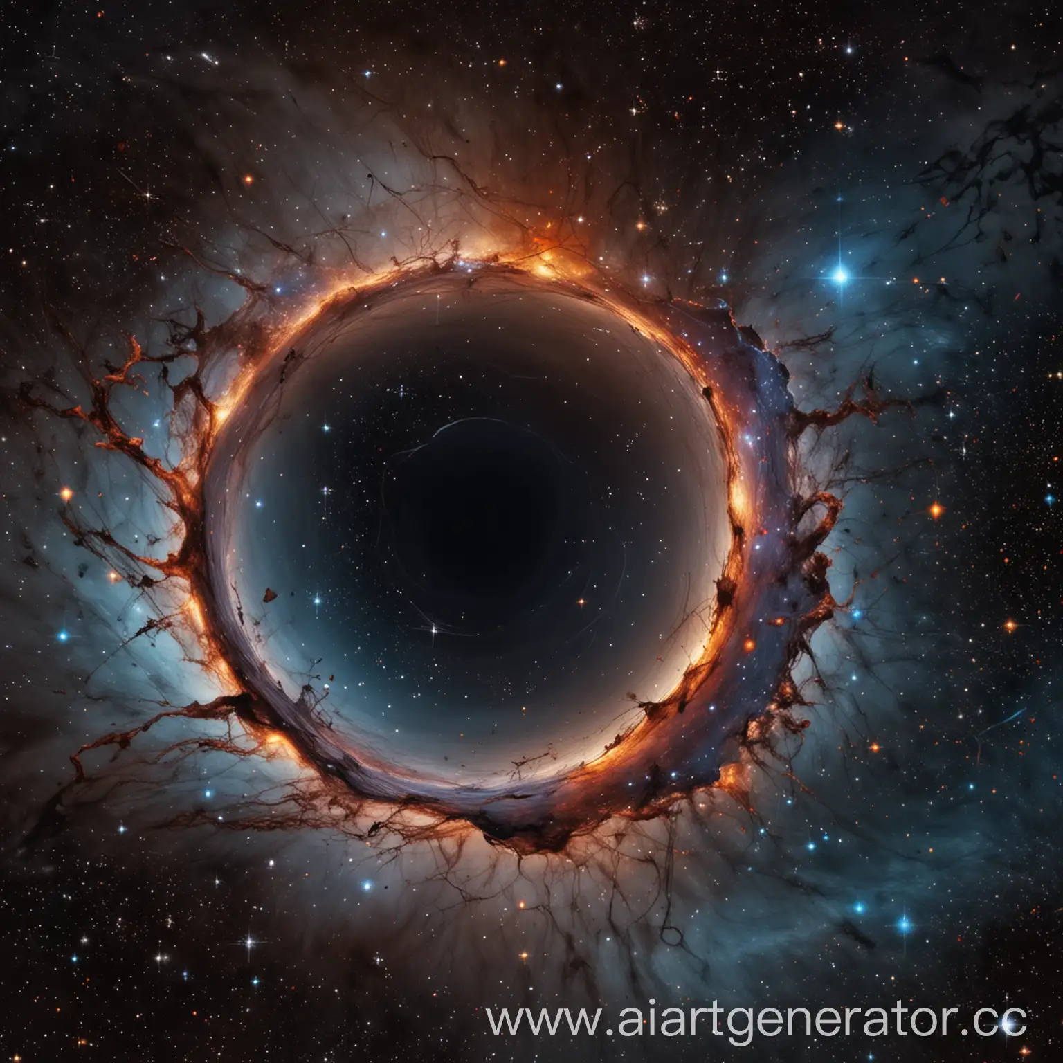 абстрактное изображение вселенной, на котором присутствует черная дыра, созвездия и туманности
