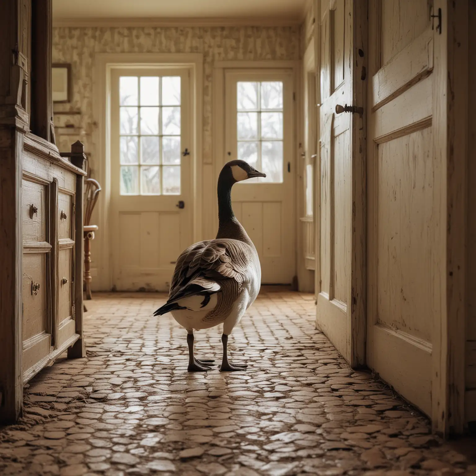 Goose Walking Inside a Victorian Farmhouse