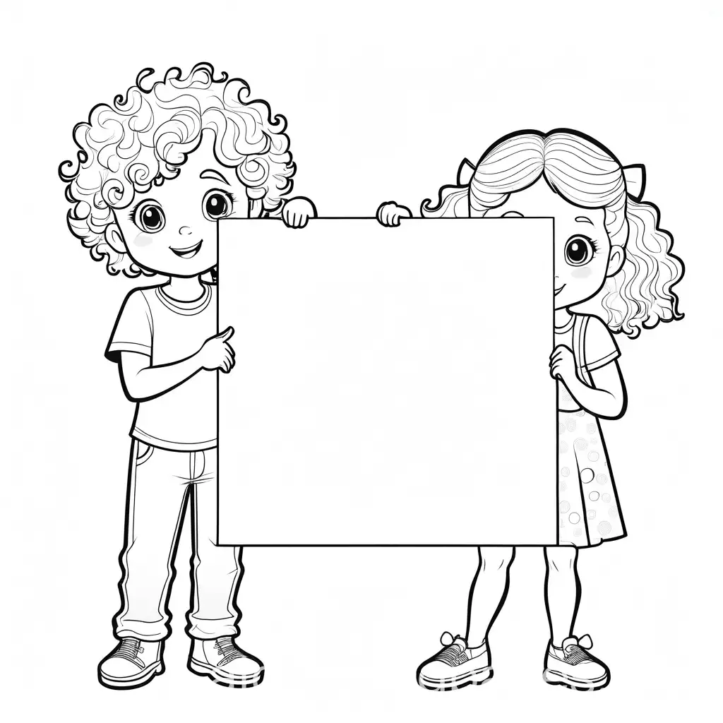 little boy with blonde curly hair and little girl with long blonde hair holding up a blank banner, Coloring Page, black and white, line art, white background, Simplicity, Ample White Space. The background of the coloring page is plain white to make it easy for young children to color within the lines. The outlines of all the subjects are easy to distinguish, making it simple for kids to color without too much difficulty