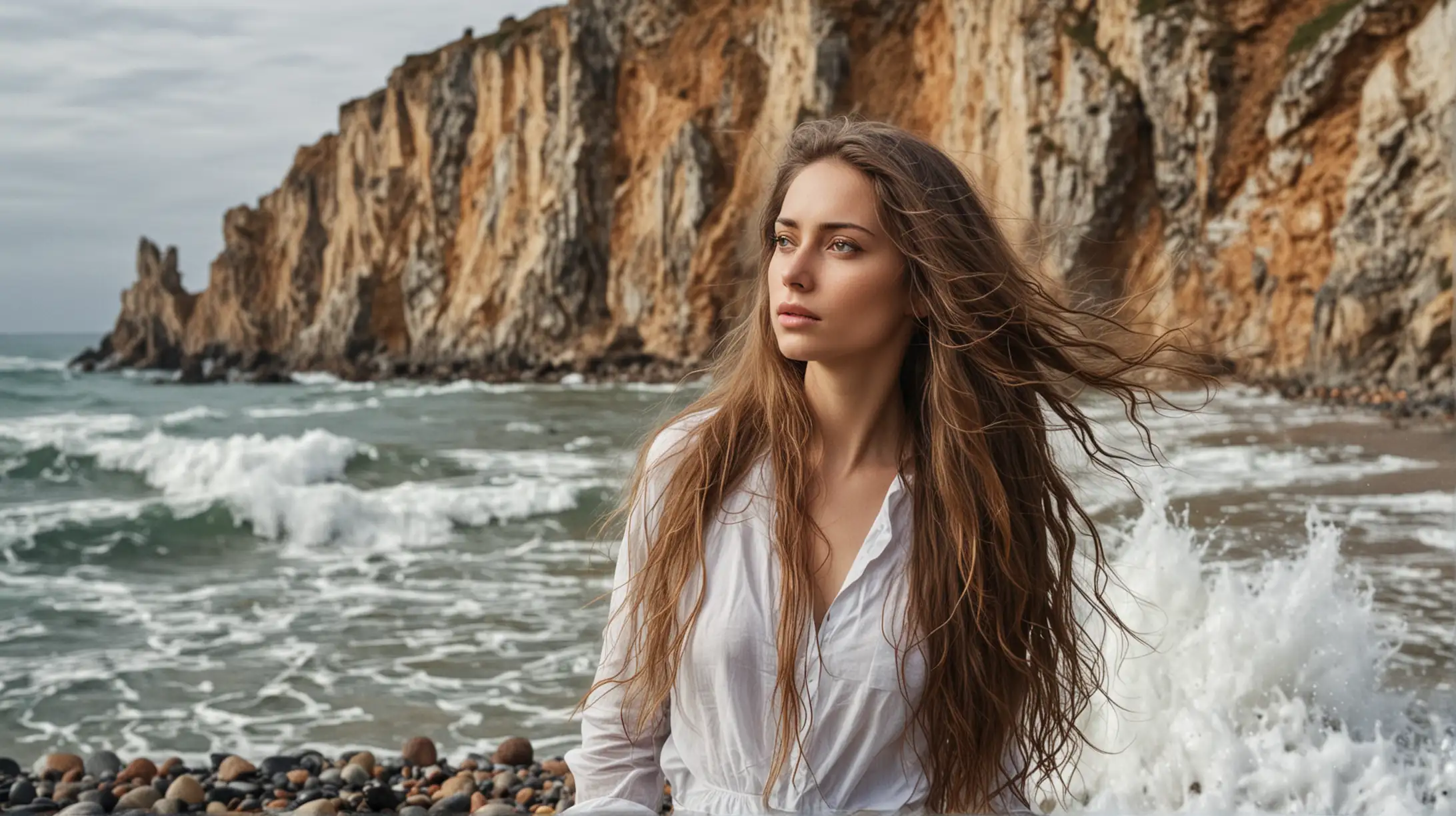 donna con capelli lunghi su una spiaggi con sassi e onde alte che si infrangono. La donna guarda il mare, il ritratto della donna è da un lato e lo sfondo ci sono scogli