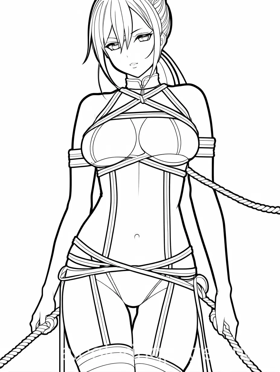 kinky extreme bondage anime girl , Coloring Page, black and white, line art, white background, Simplicity, Ample White Space. The background of the coloring page is plain white to make it easy for young children to color within the lines. The outlines of all the subjects are easy to distinguish, making it simple for kids to color without too much difficulty