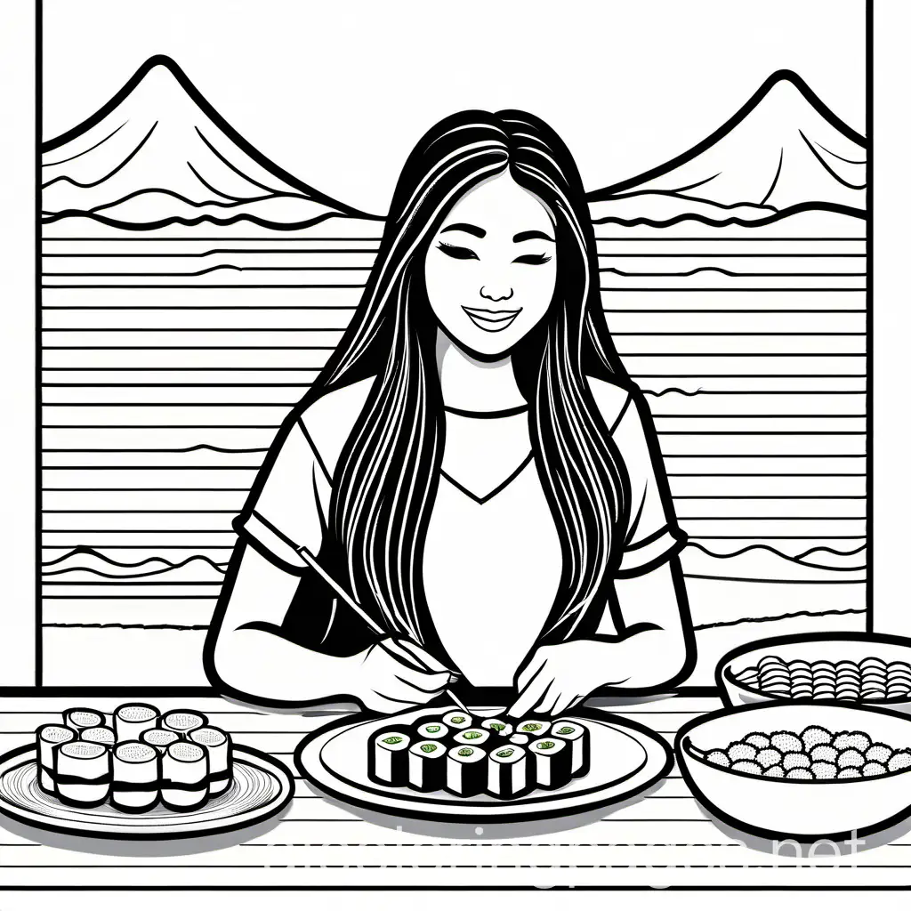 teen girl with long dark hair eating sushi, Coloring Page, black and white, line art, white background, Simplicity, Ample White Space. The background of the coloring page is plain white to make it easy for young children to color within the lines. The outlines of all the subjects are easy to distinguish, making it simple for kids to color without too much difficulty