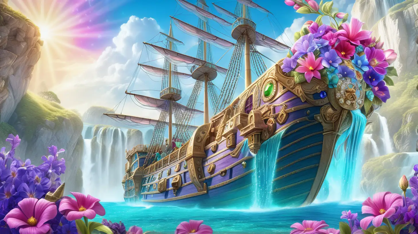 Enchanted Flying Ship Colorful Waterfall Treasure Chests and Blossoming Flowers
