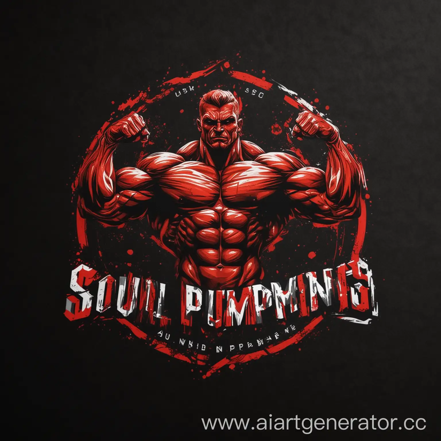 Минималистичный логотип,для бренда,по производству,спортивных футболок для бодибилдинга,используй тело бодибилдера на логотипе, черный фон,красный текст, название бренда:Soul Pumping