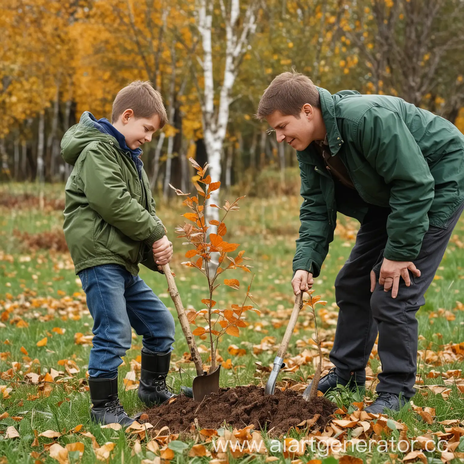 Реальная фотография. Осень. Папа и мальчик сажают дерево в парке. Помогают природе. Папе 37 лет. Он держит лопату. Мальчику 11 лет. Он держит саженец берёзы. На мальчике зеленая куртка. На папе коричневая куртка. На заднем плане другие люди. Они тоже сажают деревья и кусты.