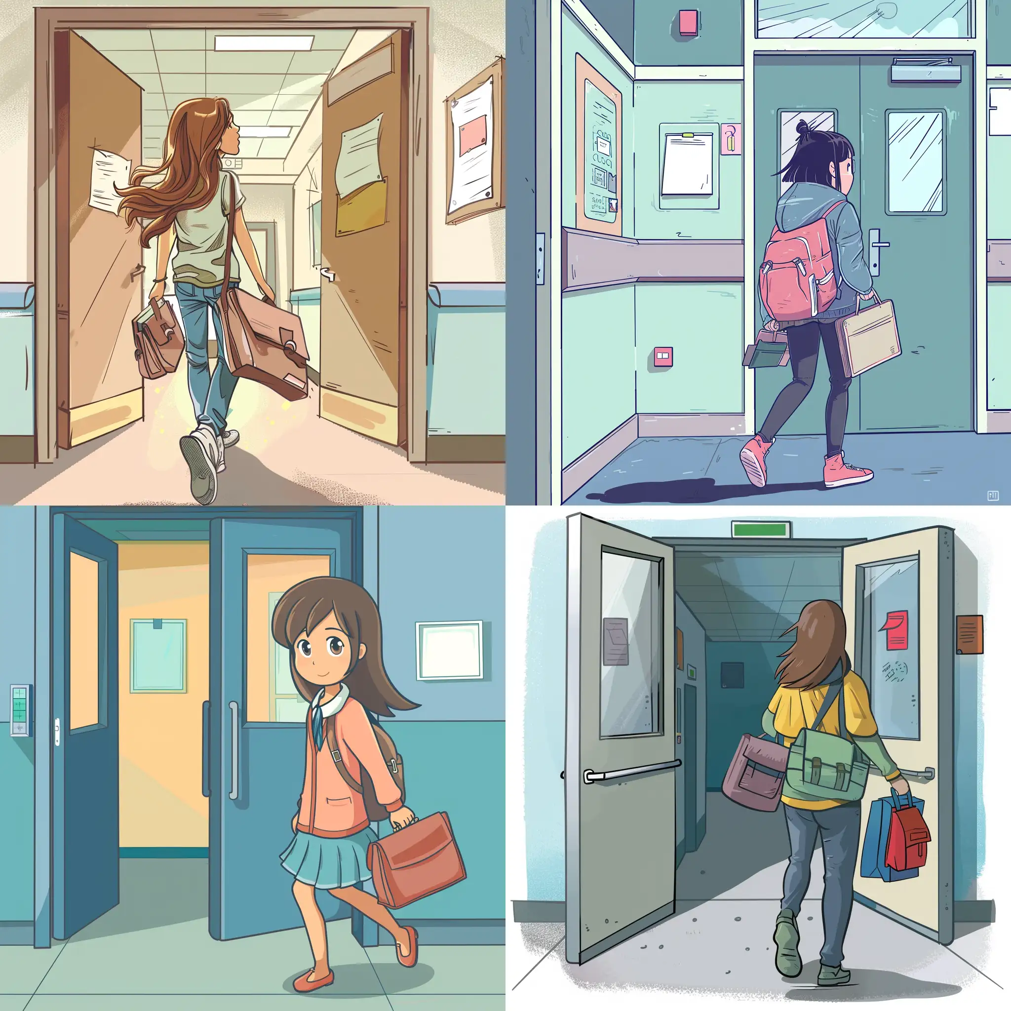cartoon style, a girl is leaving classroom, she is not carrying bags and books.