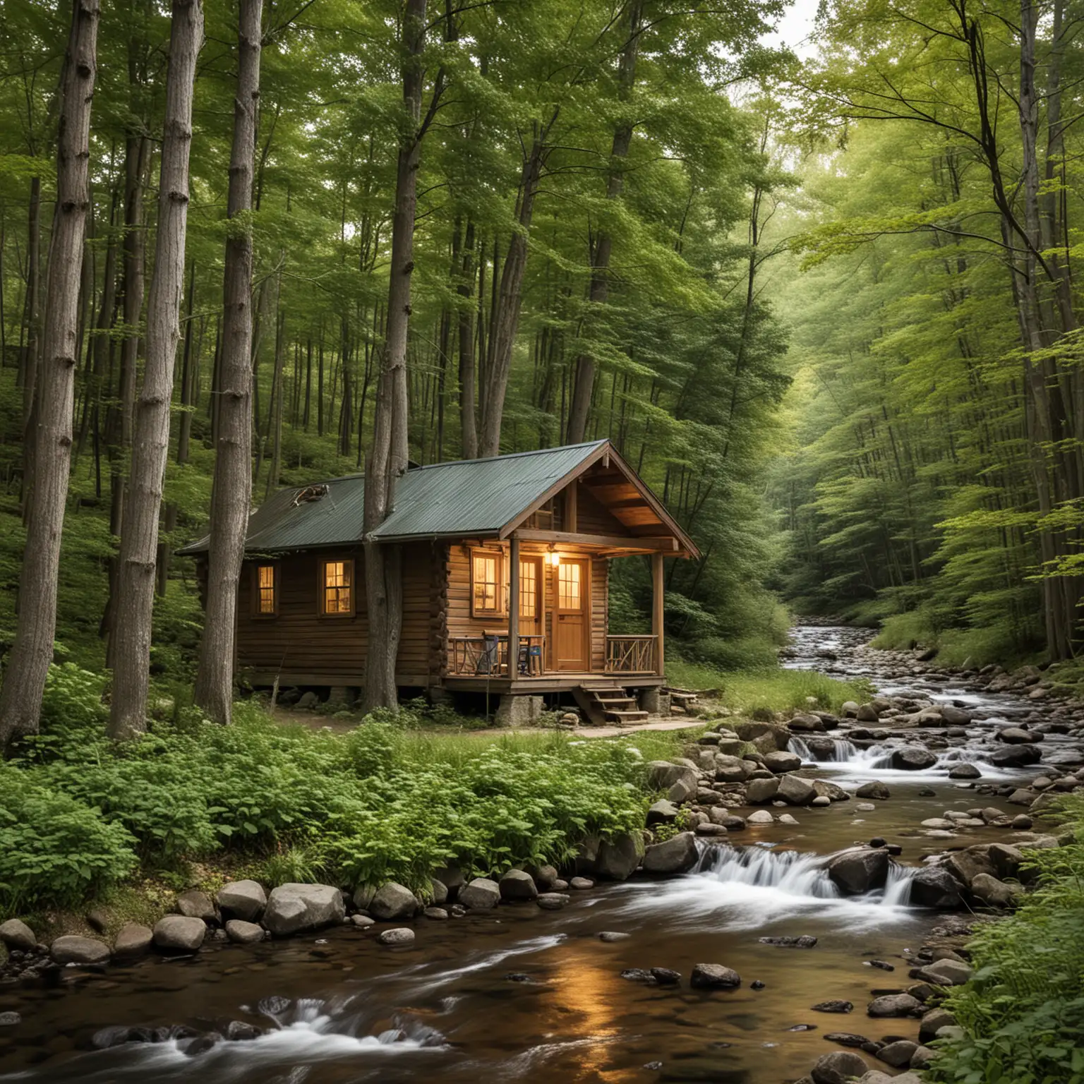Small Cabin in a wooded area, next to a stream.