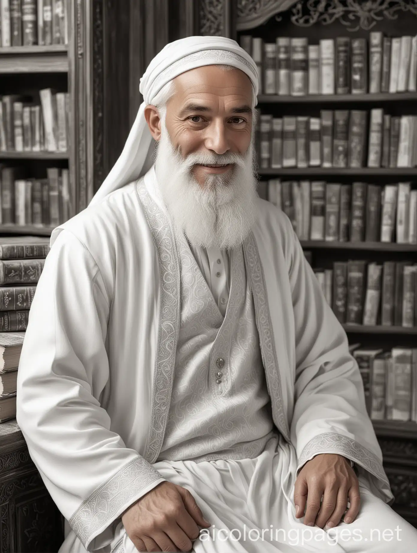 A wise middle-aged man from the Islamic era, with white skin and a long thick white beard, staring at the lens, smiling lightly, sitting in an old library, dressed in beautiful white clothes, very realistic, 4K, vintage, so that the whole body is visible. , Coloring Page, black and white, line art, white background, Simplicity, Ample White Space. The background of the coloring page is plain white to make it easy for young children to color within the lines. The outlines of all the subjects are easy to distinguish, making it simple for kids to color without too much difficulty