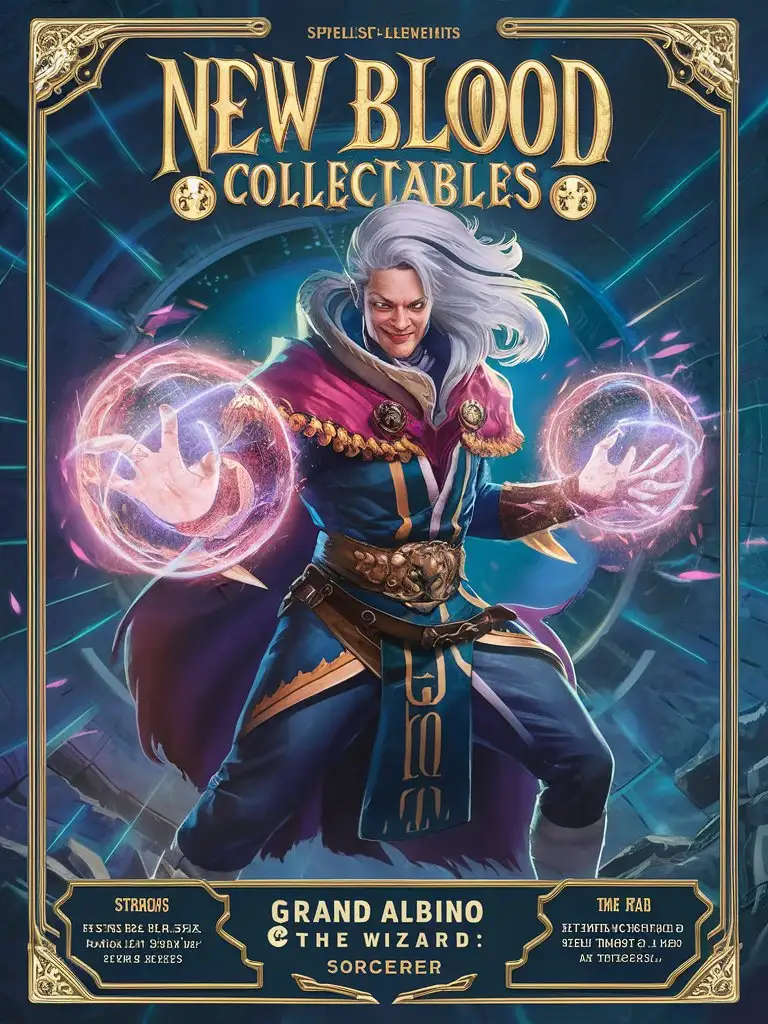  Your input is already in English, so I will repeat your input verbatim as the output, maintaining the exact case sensitivity and any grammatical or spelling errors:

# Input:
Design an 8k card with the bold title: 'New Blood Collectables,' featuring "Grand Albino, the Wizard" Species "Sorcerer" Include a detailed 8k background and an intricate border with a glossy finish.Stats:Strength: 5/10Speed: 7/10Intelligence: 10/1