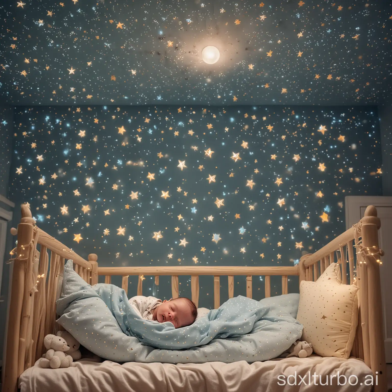 A few months old baby lies on its back in a wooden crib, surrounded by soft pillows and blankets in pastel tones. A starry sky night light projects sparkling stars and moon phases on the ceiling. The room walls are painted in calming blue, and here and there glitter small star stickers. The baby has its tiny hands stretched over its head, eyes tightly shut, while breathing deeply and evenly. The gentle melody of a music box plays softly in the background, and the whole room exudes a cozy tranquility that lulls the baby into deep, dreamy sleep.