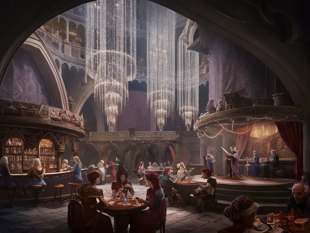 An image of a high class tavern in a medieval fantasy setting, The building itself is an architectural masterpiece, adorned with intricate carvings, rich tapestries, and glittering chandeliers that cast an ethereal glow throughout the space. In a detailed fantasy style
