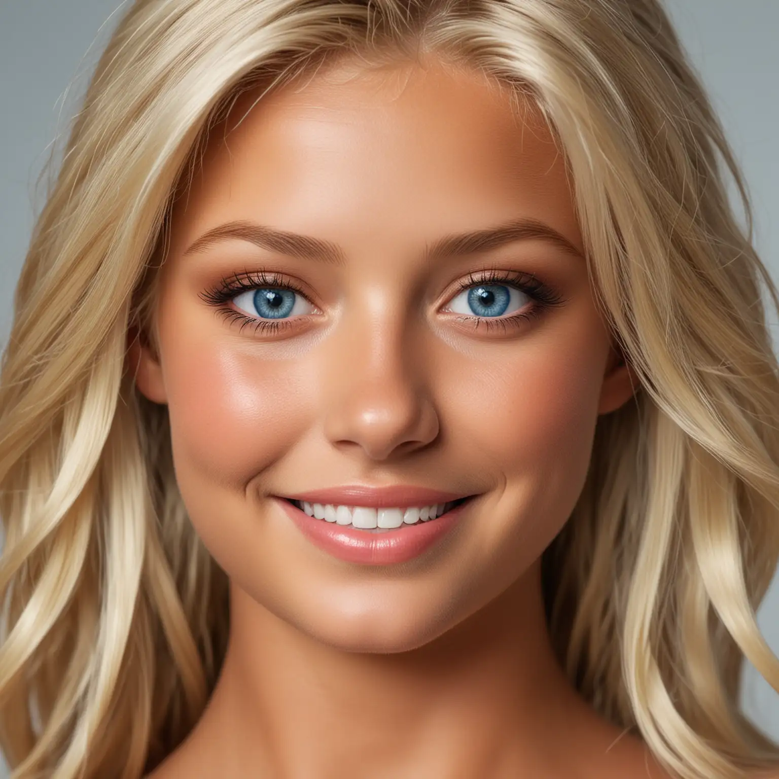 worlds most beautiful realistic blonde model, 5 foot 10 inchs tall, perfect tan, blue eyes, smiling.