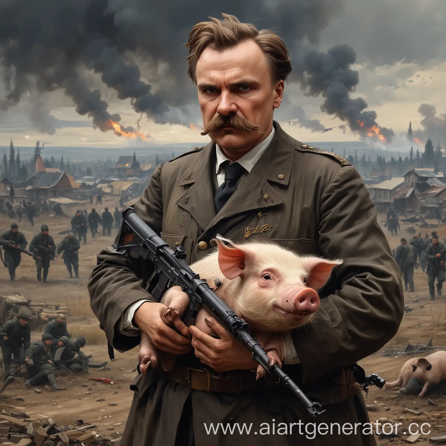 Friedrich-Nietzsche-in-Russian-Special-Operations-Battle-Scene-with-Automatic-Weapon-and-Fallen-Swine
