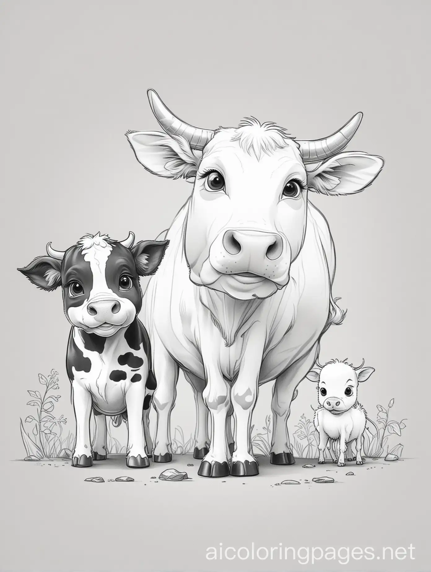 cute little cartoon style dog and cow, smoky and haze surroundings, Coloring Page, black and white, line art, white background, Simplicity, Ample White Space