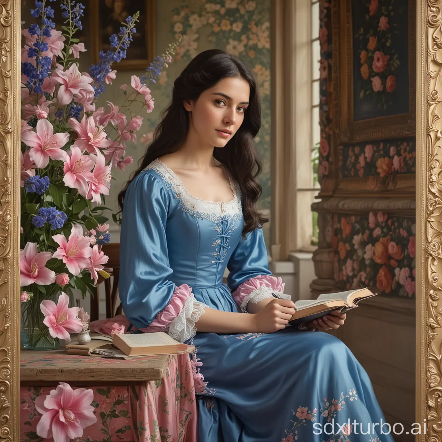 The image depicts a young woman with long, dark hair wearing a blue dress adorned with pink and white flowers. She is seated at a table, holding a book and a pen, suggesting she is engaged in reading or writing. The background features a floral arrangement, adding a touch of nature to the scene. The image is framed by a border, giving it a vintage or artistic feel.