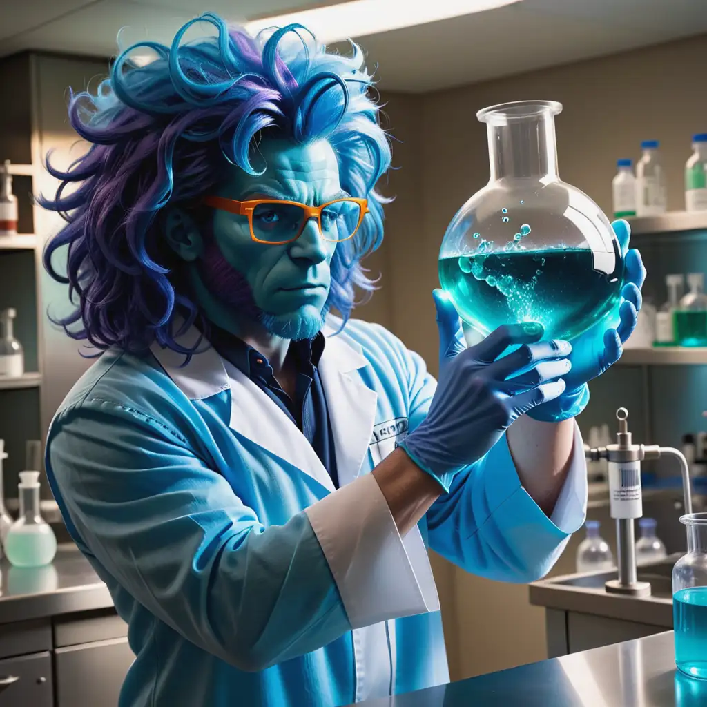 x-men’s Beast, with blue skin and wild hair, wearing a doctor’s scrubs and glasses, stood in a chemistry lab. He is carefully dripping a blue chemical into a beaker