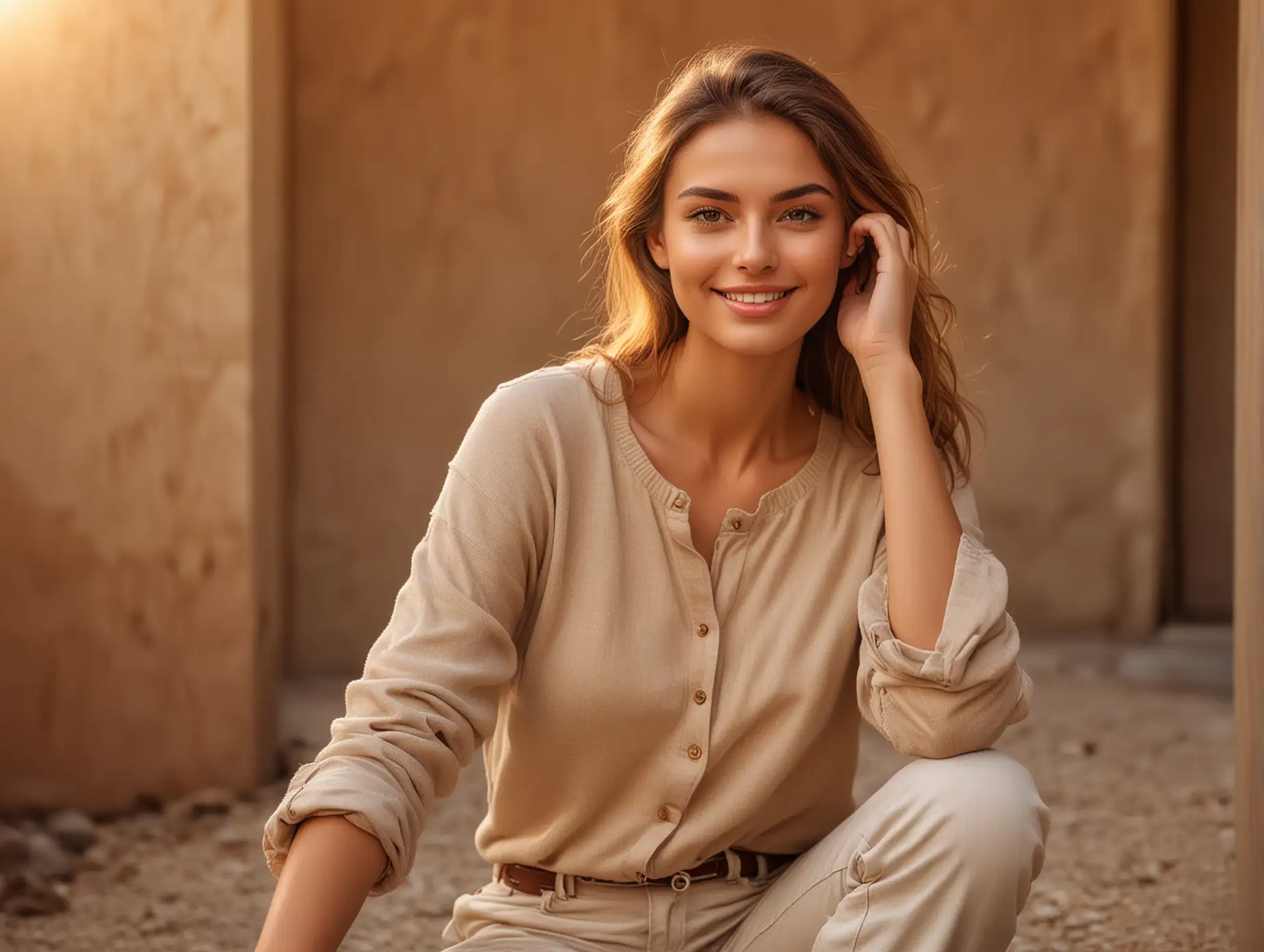 beautiful portrait of an attractive female model, full body,fashion photography, high resolution image, with a natural makeup look, female model with a casual outfit, female model with a relaxed pose, female model with a warm smile, female model in a natural setting, female model surrounded by warm lighting
