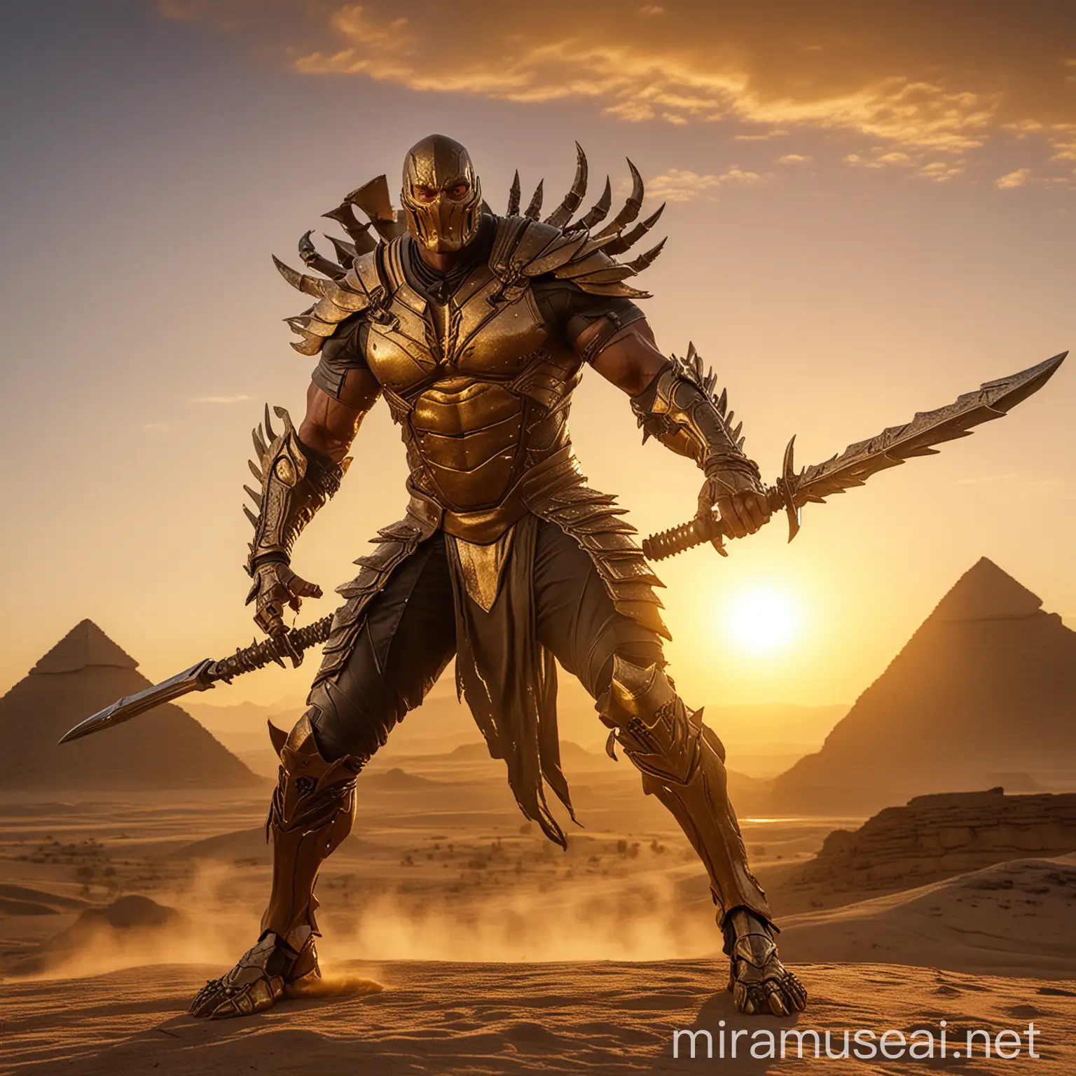 Mythical Warrior The Rock Johnson in Scorpion Armor with SolarFlare Sword at Desert Pyramid Dawn