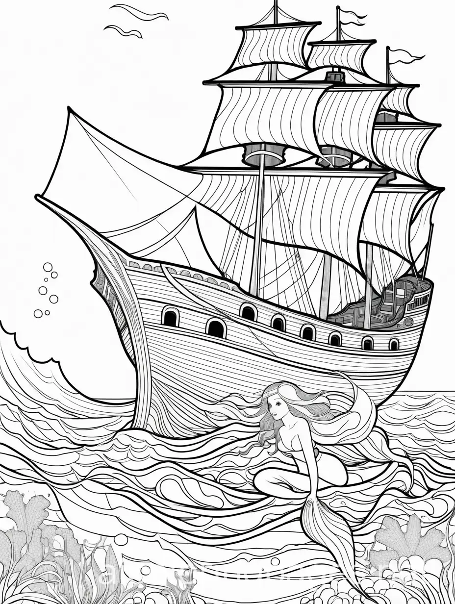 A mermaid exploring a sunken pirate ship., Coloring Page, black and white, line art, white background, Simplicity, Ample White Space. The background of the coloring page is plain white to make it easy for young children to color within the lines. The outlines of all the subjects are easy to distinguish, making it simple for kids to color without too much difficulty