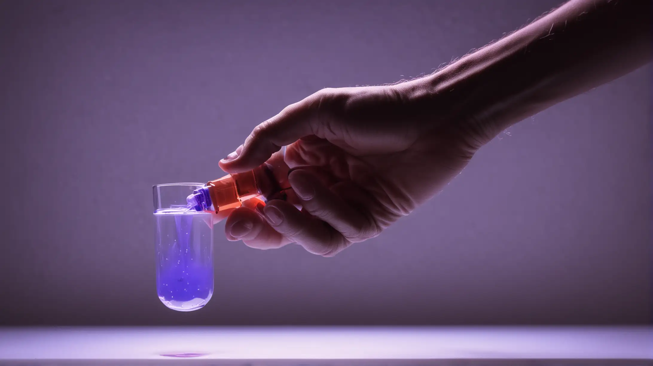 hand holding fluoricent liquid in lab uv light
 