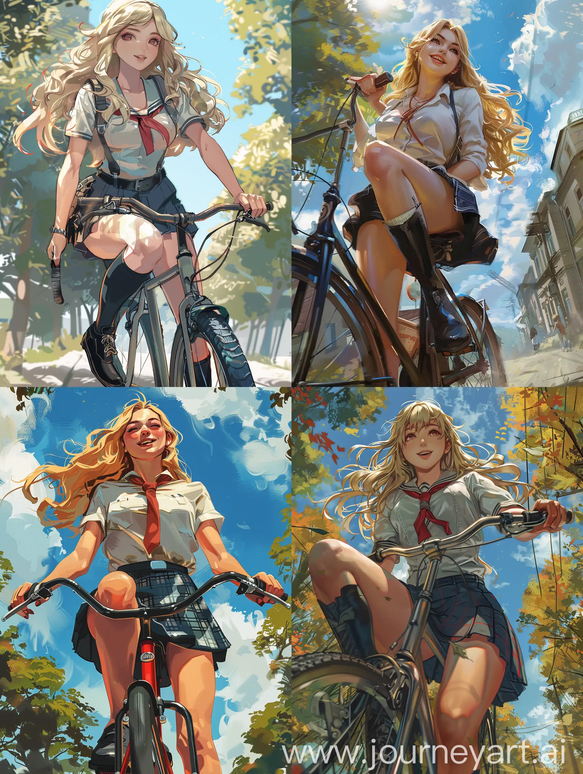 1 ukrain woman, no illustration,  , 22 years old, blonde hair, school uniform, down view, natural, , sunny day, ,  on bicycle, fat legs, no , front view, smiling , black boots