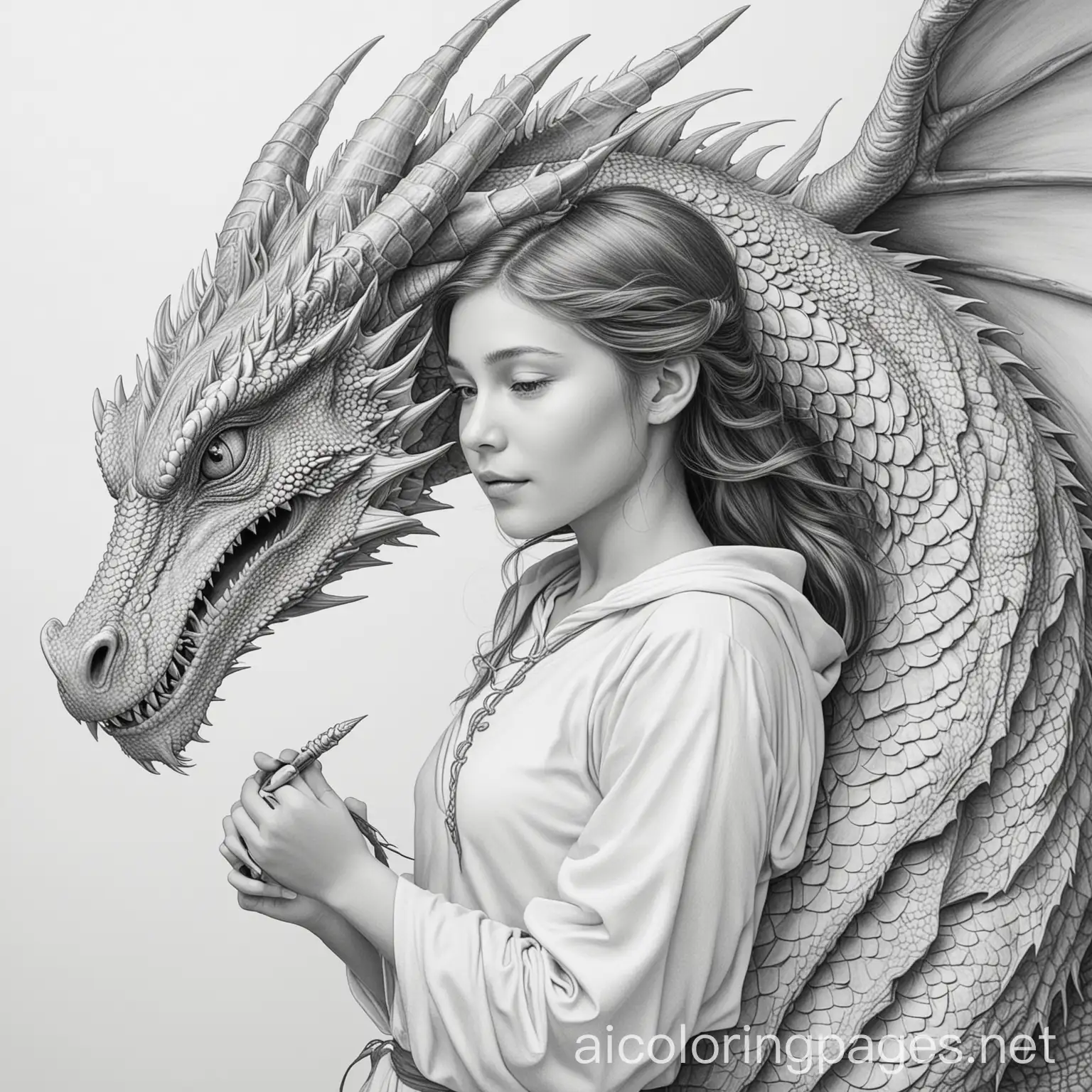 Dragon with girl, Coloring Page, black and white, line art, white background, Simplicity, Ample White Space. The background of the coloring page is plain white to make it easy for young children to color within the lines. The outlines of all the subjects are easy to distinguish, making it simple for kids to color without too much difficulty