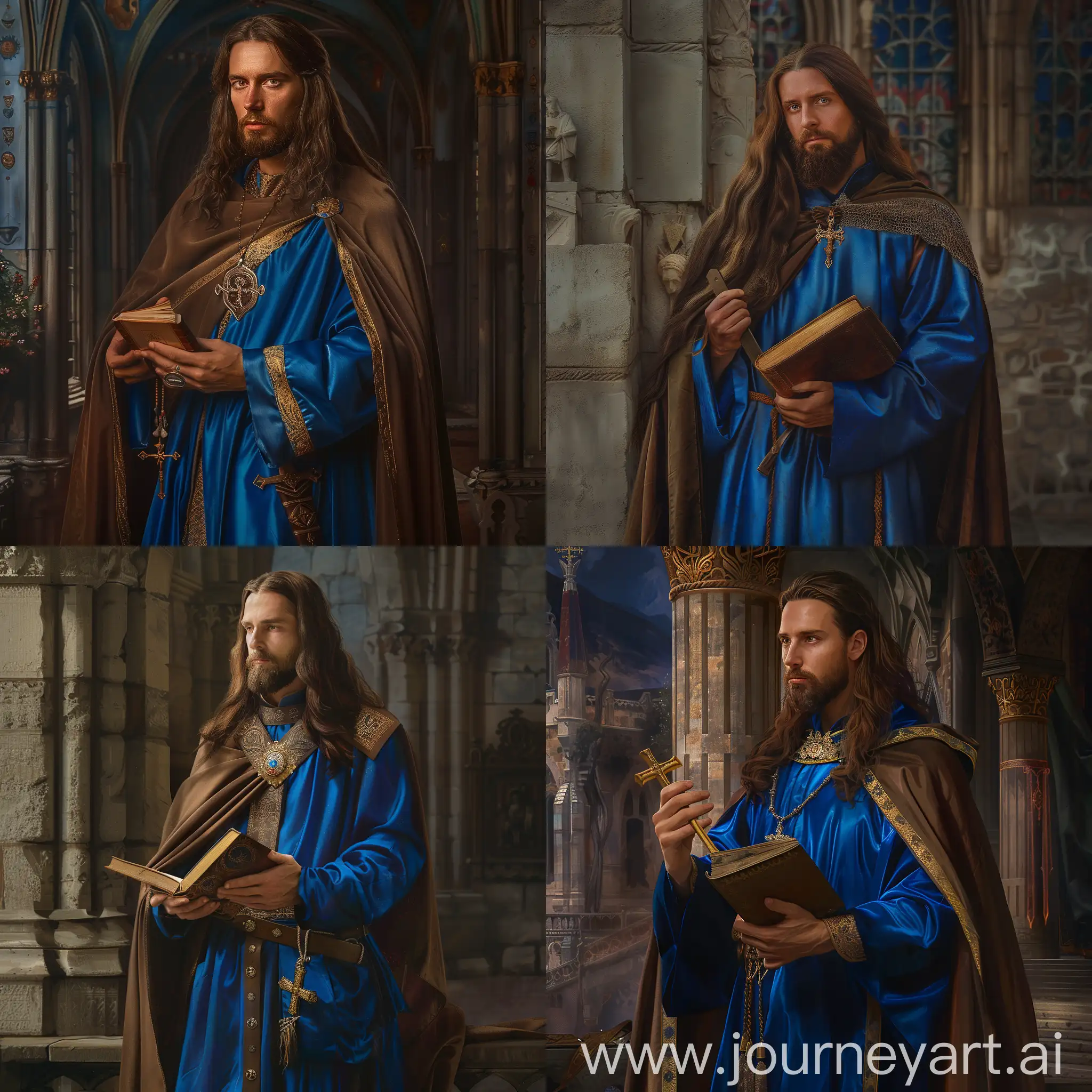 King of Hungary Stephen I, depicted in blue silk robe and brown cape, long brown hair and well shaped beard, at his royal palace, holding a medieval book and a cross in his hands, photorealism, cinematic lighting