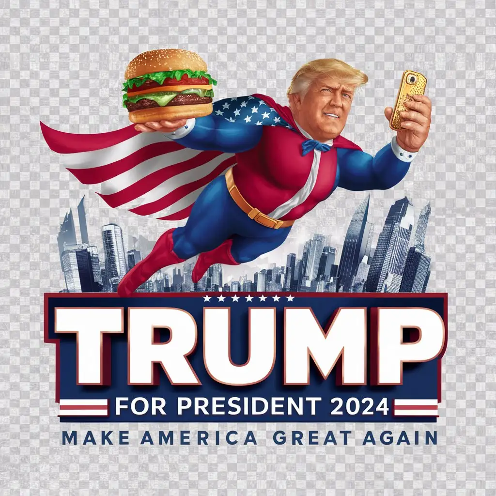 LOGO-Design-For-Trump-For-President-2024-Patriotic-Superhero-Trump-Flying-Over-Cityscape-with-Burger-and-Golden-Phone